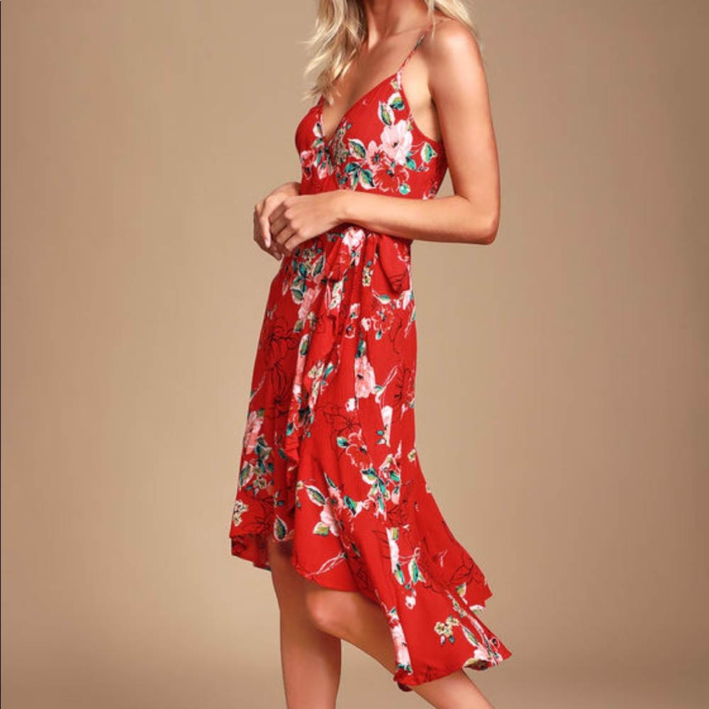 Lulus Red Floral Wrap Dress - Picture 2 of 2